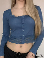 Long Sleeve O Neck Y2K Retro Lace Button Up T-Shirts image 8