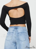 Long Sleeve Off-shoulder Solid Slim Fit Ribbed Hollow Out T-Shirts image 3