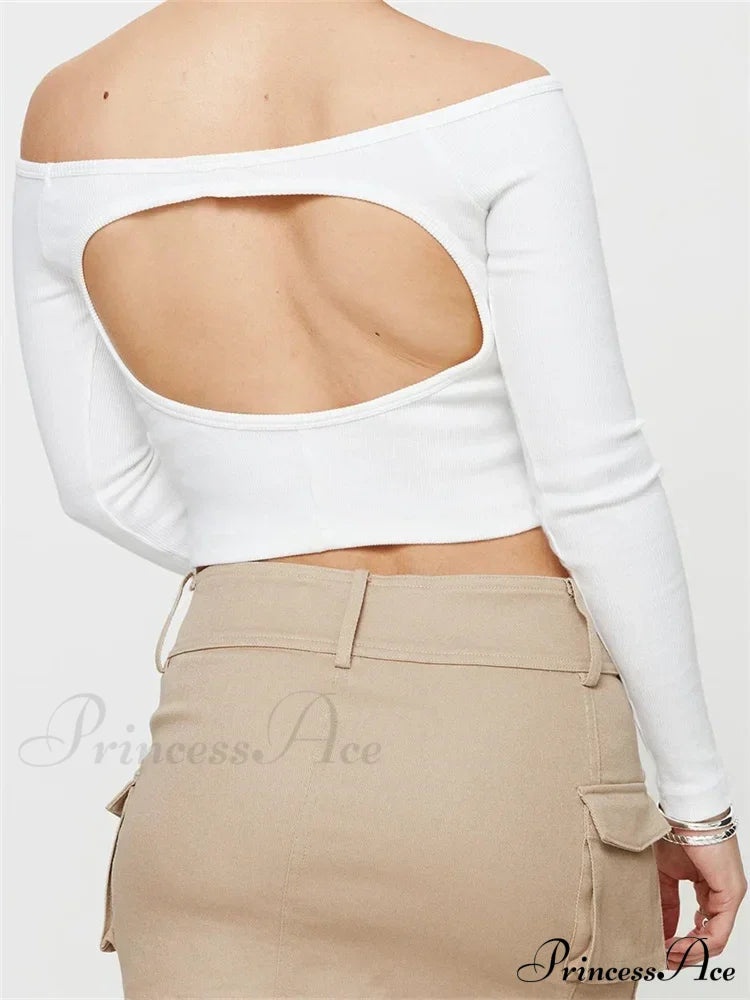 Long Sleeve Off-shoulder Solid Slim Fit Ribbed Hollow Out T-Shirts image 6
