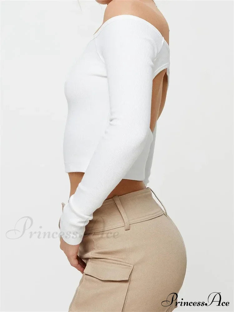 Long Sleeve Off-shoulder Solid Slim Fit Ribbed Hollow Out T-Shirts image 5