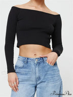 Long Sleeve Off-shoulder Solid Slim Fit Ribbed Hollow Out T-Shirts image 1