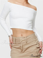 Long Sleeve Off-shoulder Solid Slim Fit Ribbed Hollow Out T-Shirts image 8