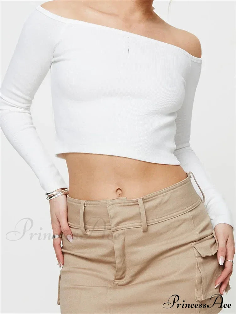 Long Sleeve Off-shoulder Solid Slim Fit Ribbed Hollow Out T-Shirts image 8