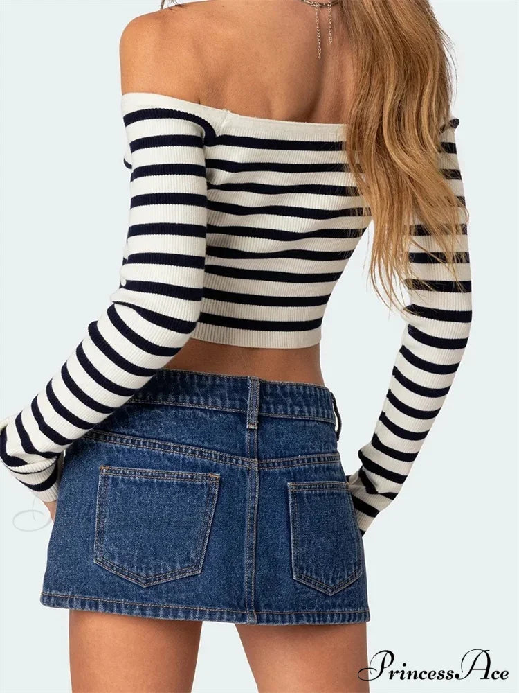 Long Sleeve Off-shoulder Striped Exposed Navel T-Shirts image 3
