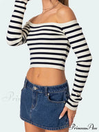 Long Sleeve Off-shoulder Striped Exposed Navel T-Shirts image 2