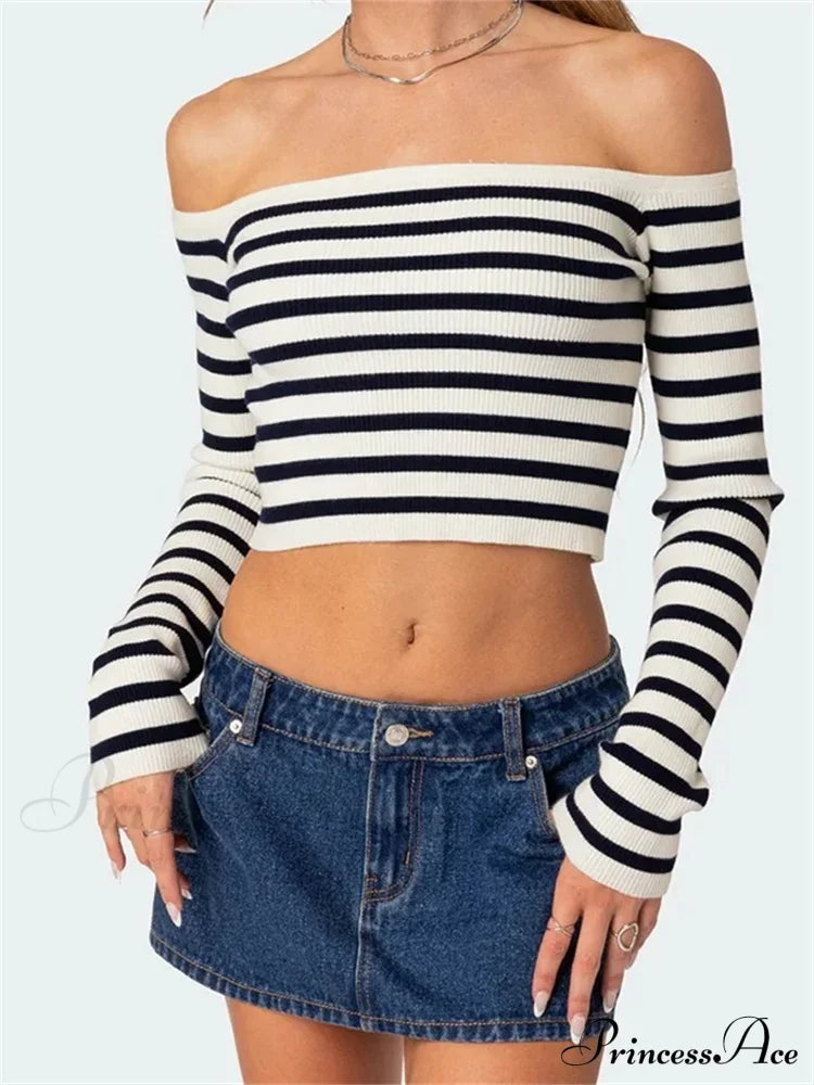 Long Sleeve Off-shoulder Striped Exposed Navel T-Shirts image 1