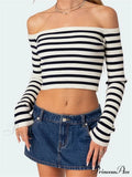 Long Sleeve Off-shoulder Striped Exposed Navel T-Shirts image 1