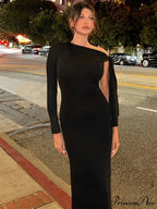 Long Sleeve One Shoulder Graceful Tie Up Bodycon Maxi Dress image 1