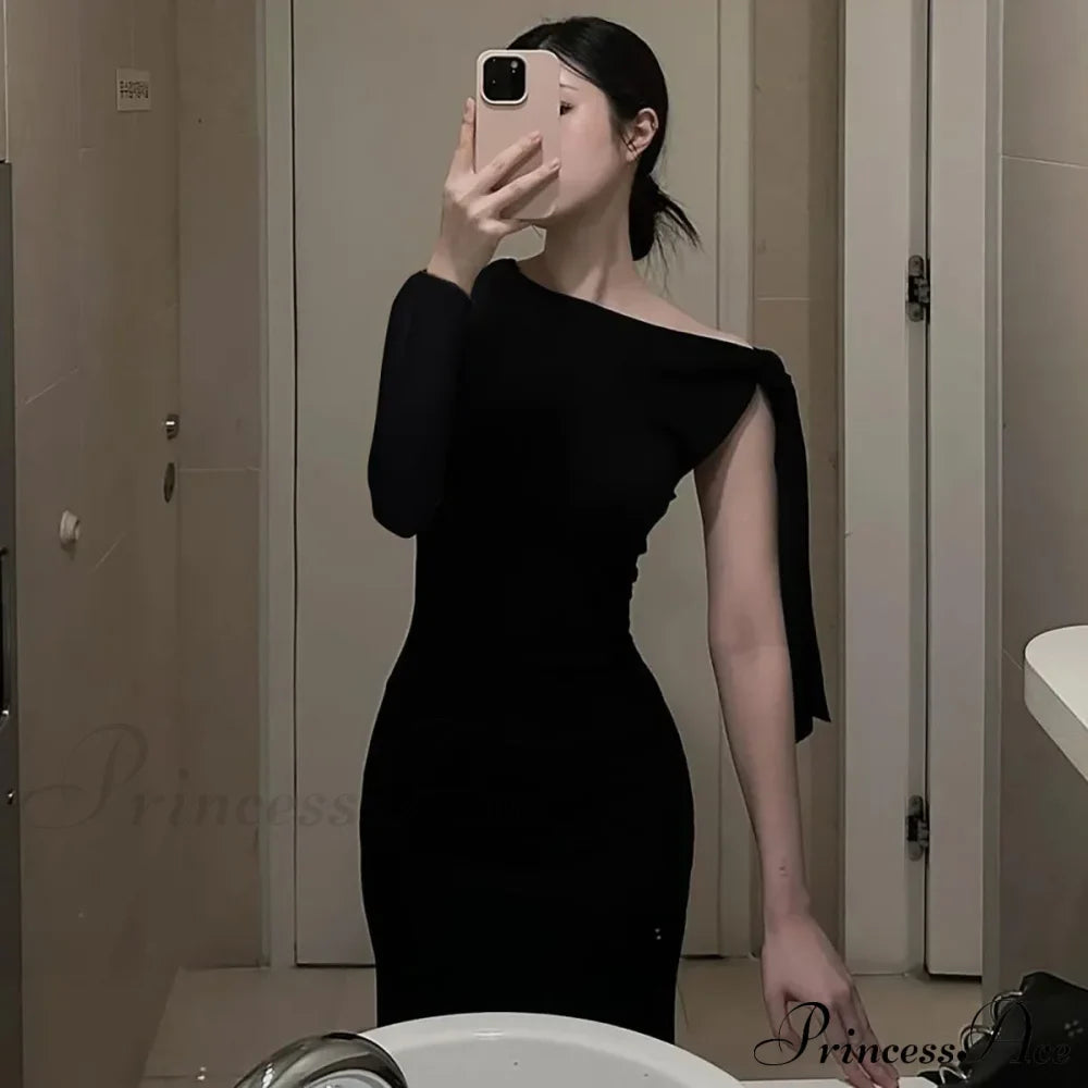 Long Sleeve One Shoulder Graceful Tie Up Bodycon Maxi Dress image 12