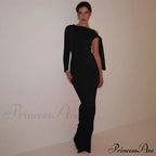 Long Sleeve One Shoulder Graceful Tie Up Bodycon Maxi Dress image 10