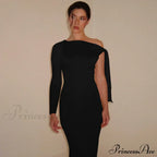 Long Sleeve One Shoulder Graceful Tie Up Bodycon Maxi Dress image 11