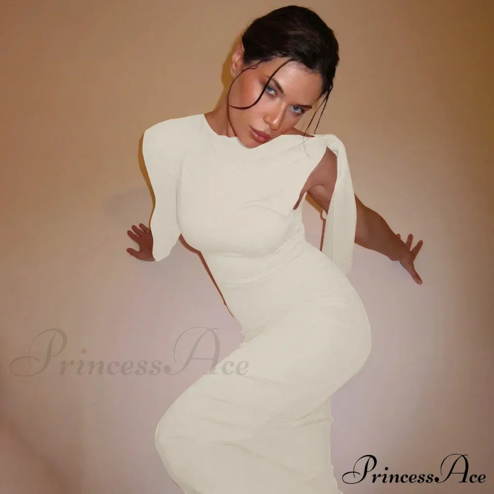 Long Sleeve One Shoulder Graceful Tie Up Bodycon Maxi Dress image 17