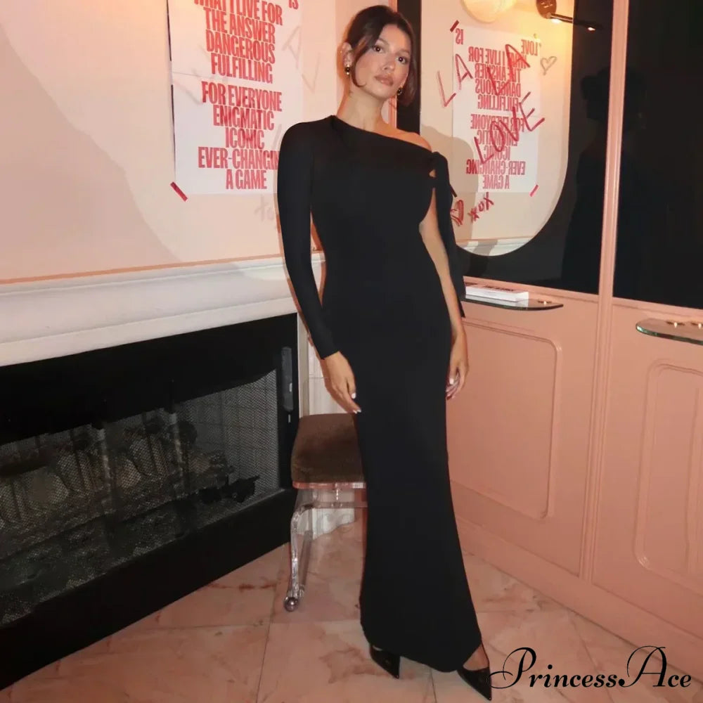 Long Sleeve One Shoulder Graceful Tie Up Bodycon Maxi Dress image 7