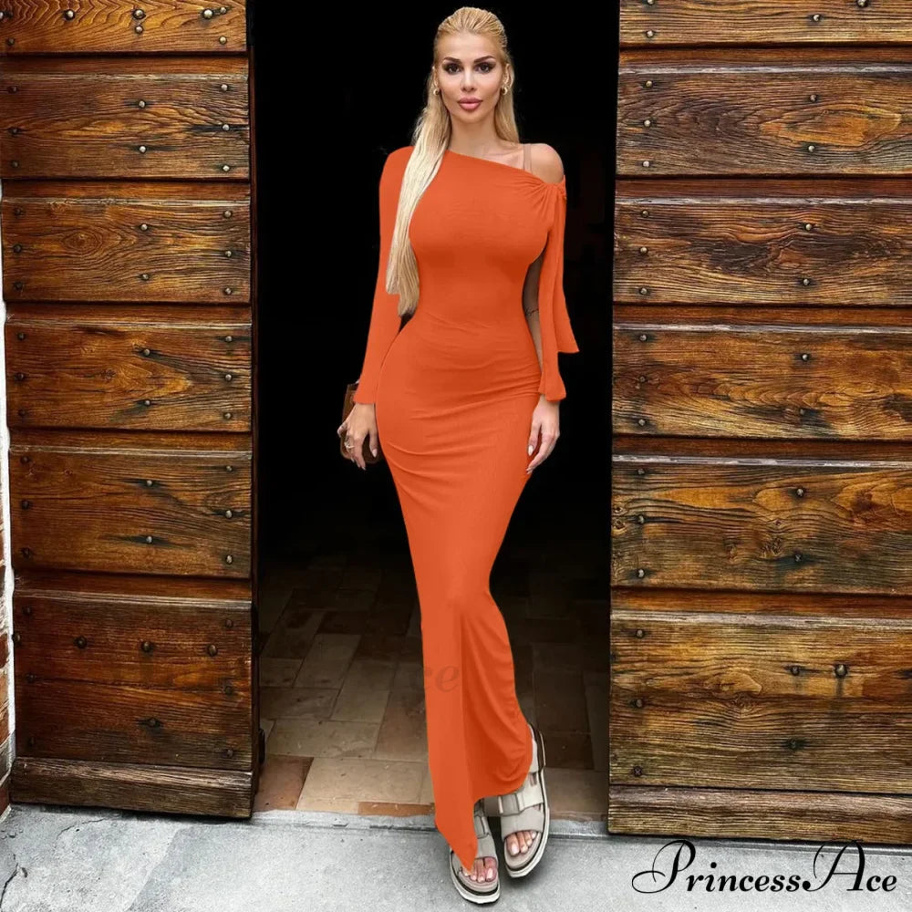 Long Sleeve One Shoulder Graceful Tie Up Bodycon Maxi Dress image 2