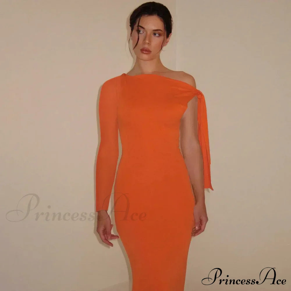 Long Sleeve One Shoulder Graceful Tie Up Bodycon Maxi Dress image 3