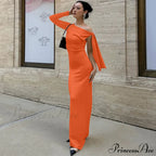 Long Sleeve One Shoulder Graceful Tie Up Bodycon Maxi Dress image 5