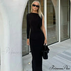 Long Sleeve One Shoulder Graceful Tie Up Bodycon Maxi Dress image 9