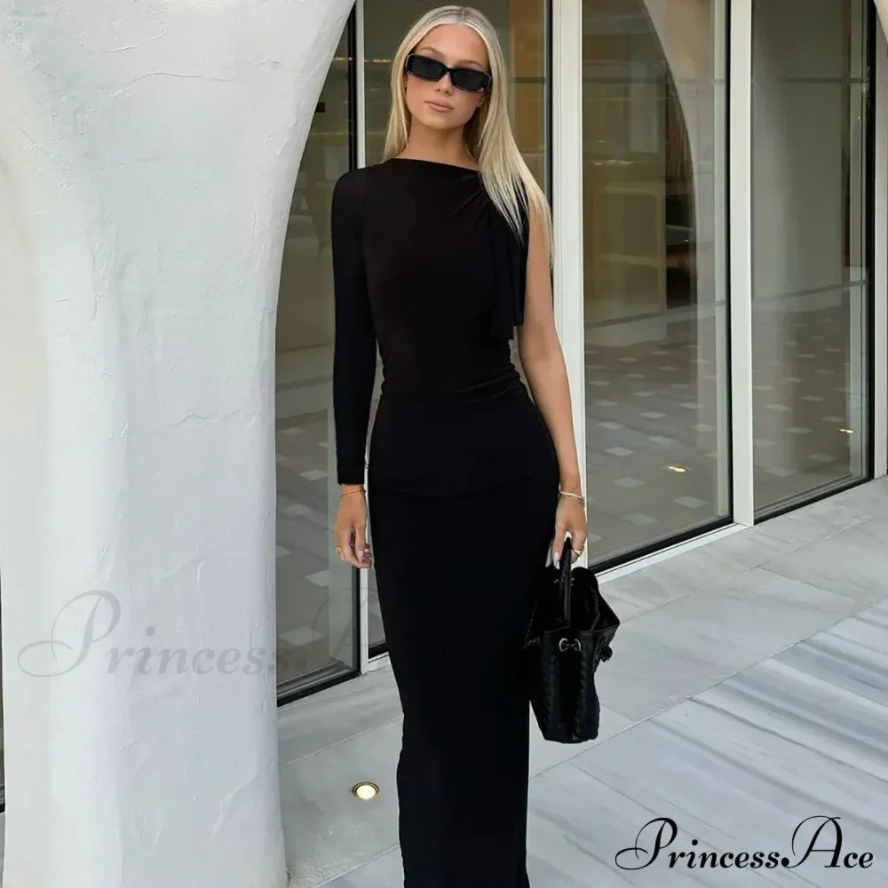 Long Sleeve One Shoulder Graceful Tie Up Bodycon Maxi Dress image 9