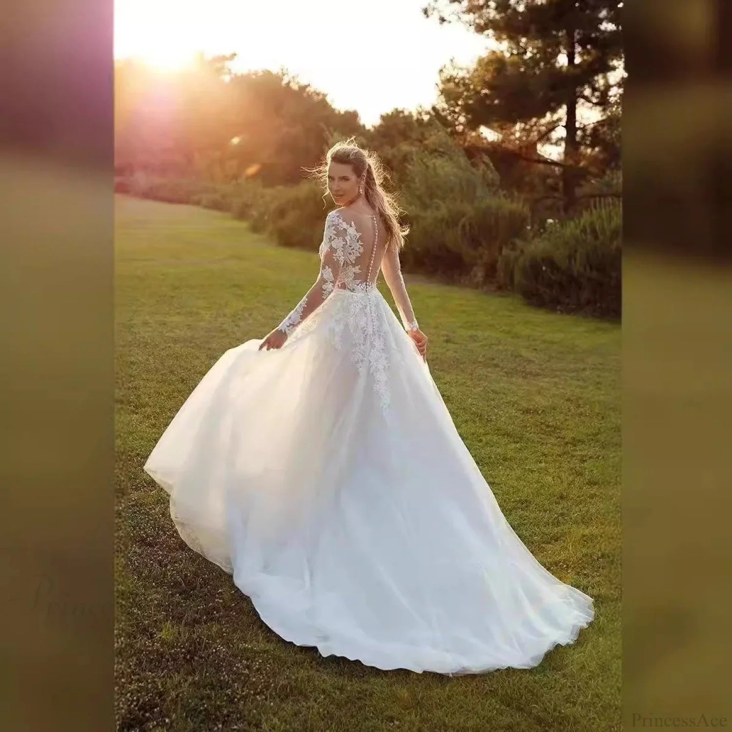 Long Sleeve Sheer Tulle Bridal Wedding Dress image 2