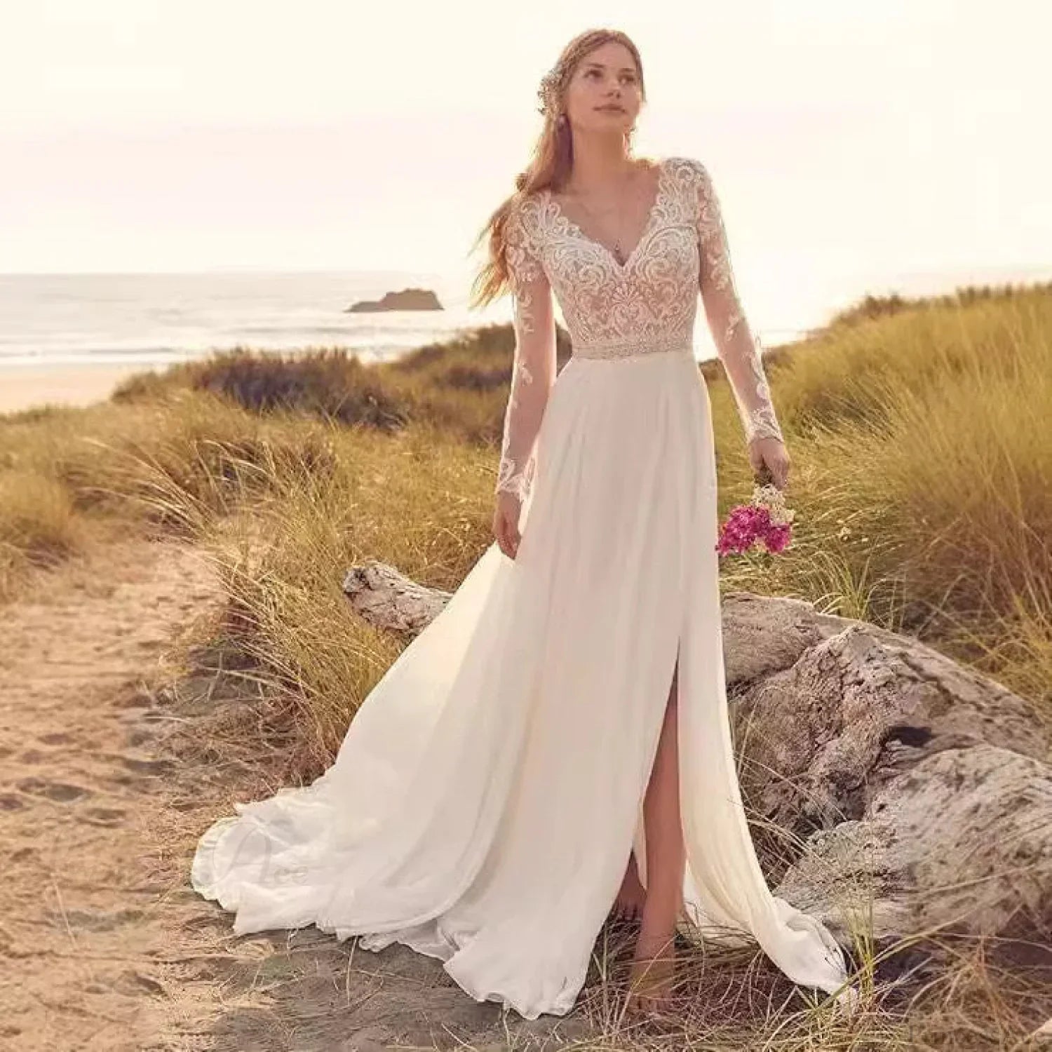 Long Sleeve Sheer Tulle Bridal Wedding Dress image 1