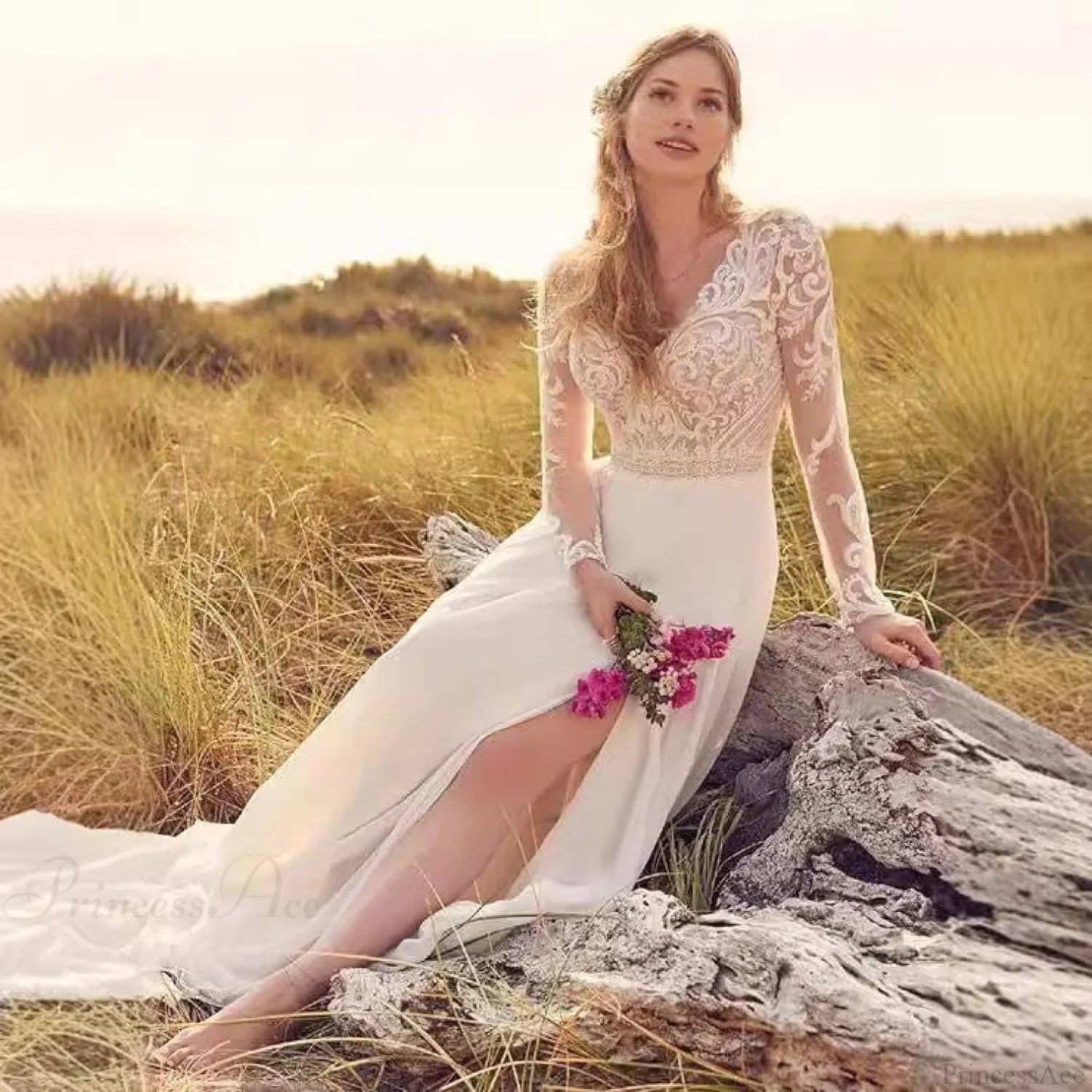 Long Sleeve Sheer Tulle Bridal Wedding Dress image 3