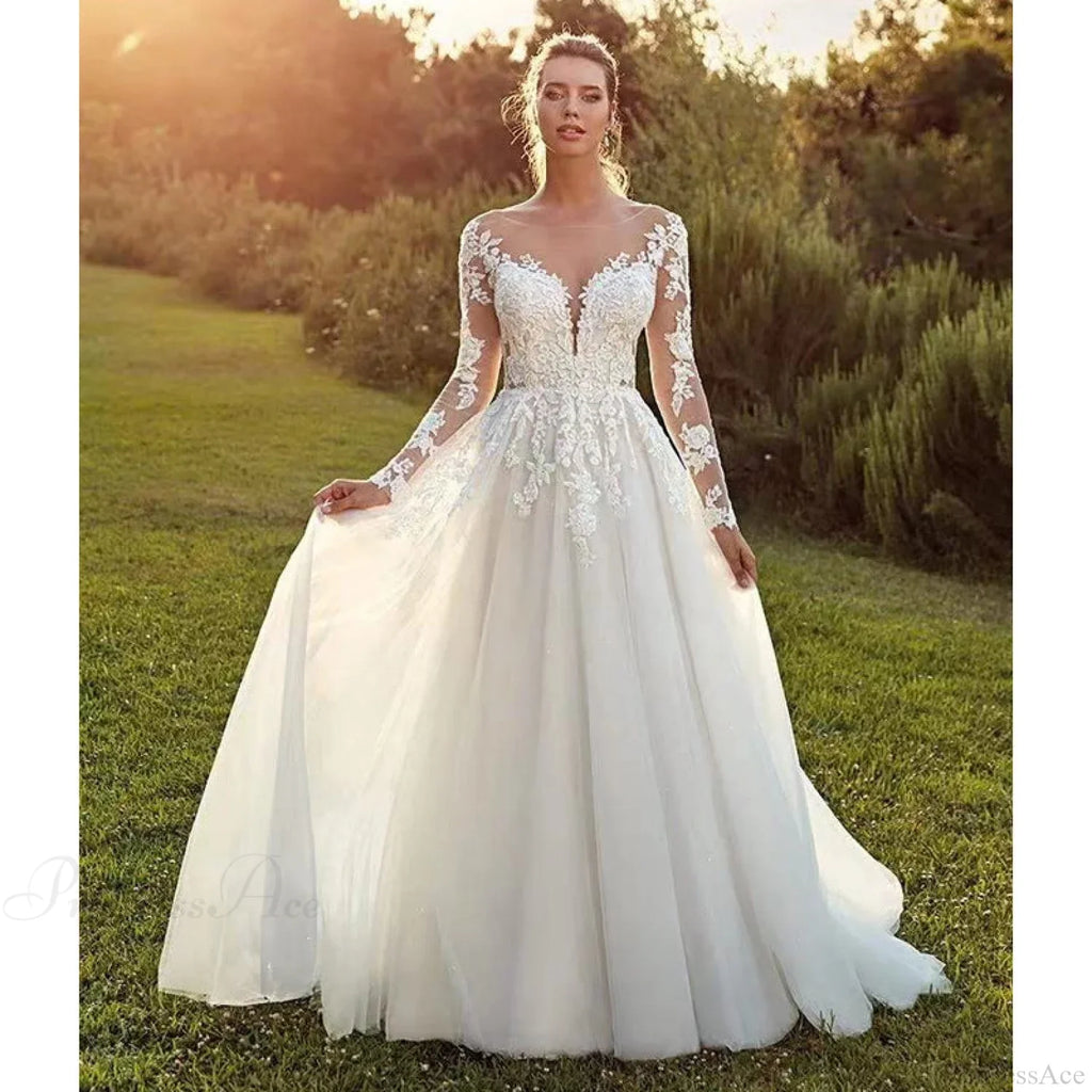 Long Sleeve Sheer Tulle Bridal Wedding Dress image 1