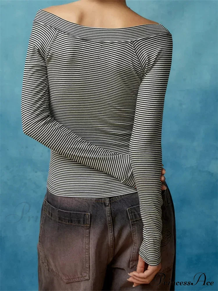 Long Sleeve Slim Colorful Striped Print Slash Neck T-Shirts image 3