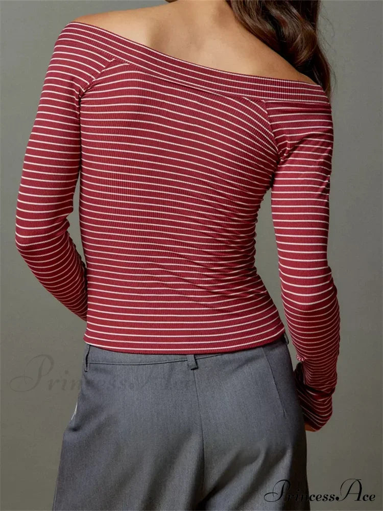 Long Sleeve Slim Colorful Striped Print Slash Neck T-Shirts image 2
