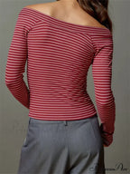 Long Sleeve Slim Colorful Striped Print Slash Neck T-Shirts image 2