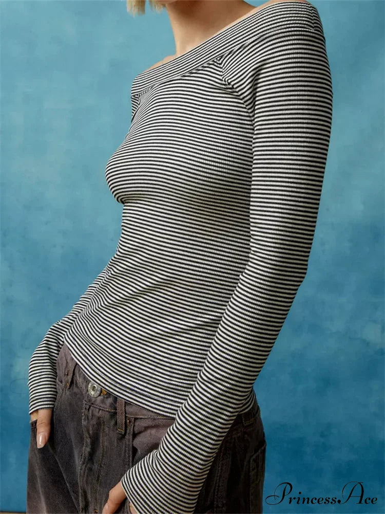 Long Sleeve Slim Colorful Striped Print Slash Neck T-Shirts image 5