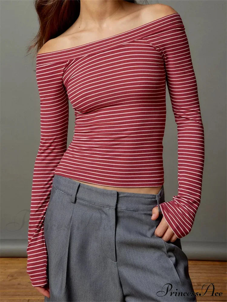 Long Sleeve Slim Colorful Striped Print Slash Neck T-Shirts image 1