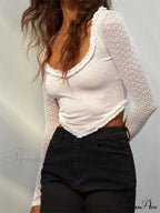 Long Sleeve Solid Color Casual Irregular Hem LaceT-shirts image 3