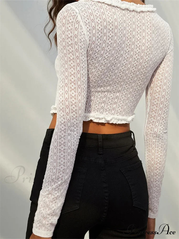 Long Sleeve Solid Color Casual Irregular Hem LaceT-shirts image 2