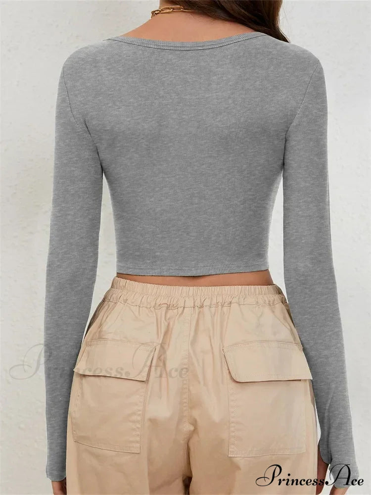Long Sleeve Solid Color Ribbed Square Neck Slim Fit Crop T-Shirts image 2