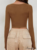 Long Sleeve Solid Color Ribbed Square Neck Slim Fit Crop T-Shirts image 4