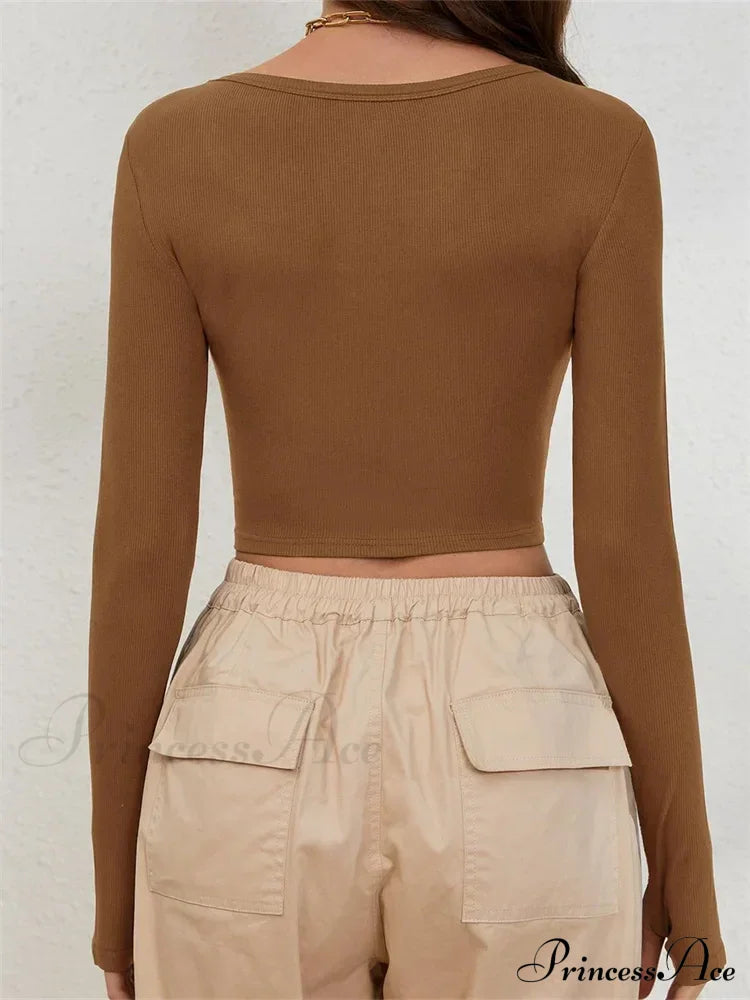 Long Sleeve Solid Color Ribbed Square Neck Slim Fit Crop T-Shirts image 4