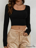 Long Sleeve Solid Color Ribbed Square Neck Slim Fit Crop T-Shirts image 5