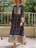 Long Sleeve Tie Neck Ethnic Floral Print Loose Kaftan Maxi Boho Dress image 1