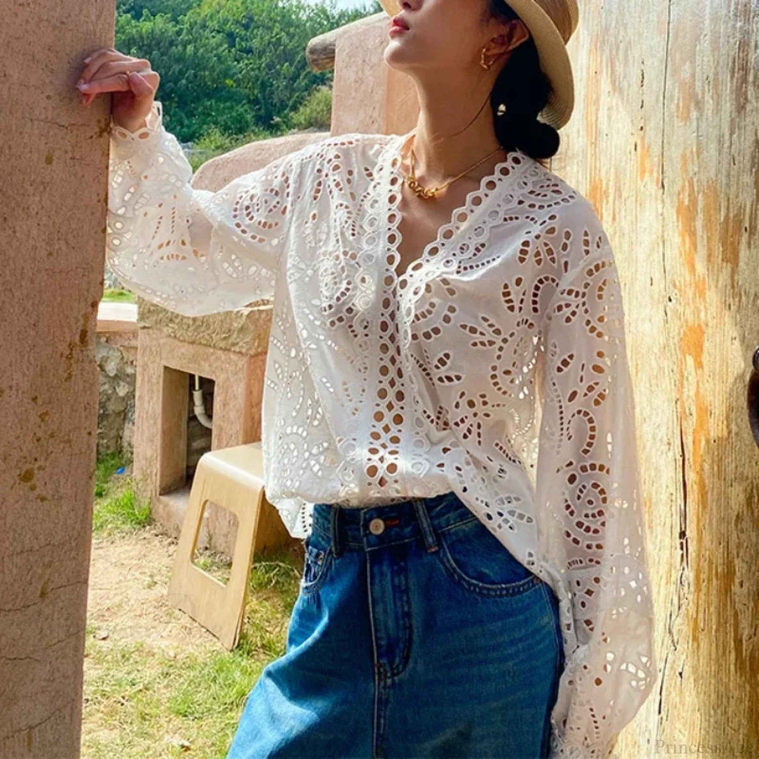 Long Sleeve V-Neck Hollow Out Floral Lace Boho Blouse image 1