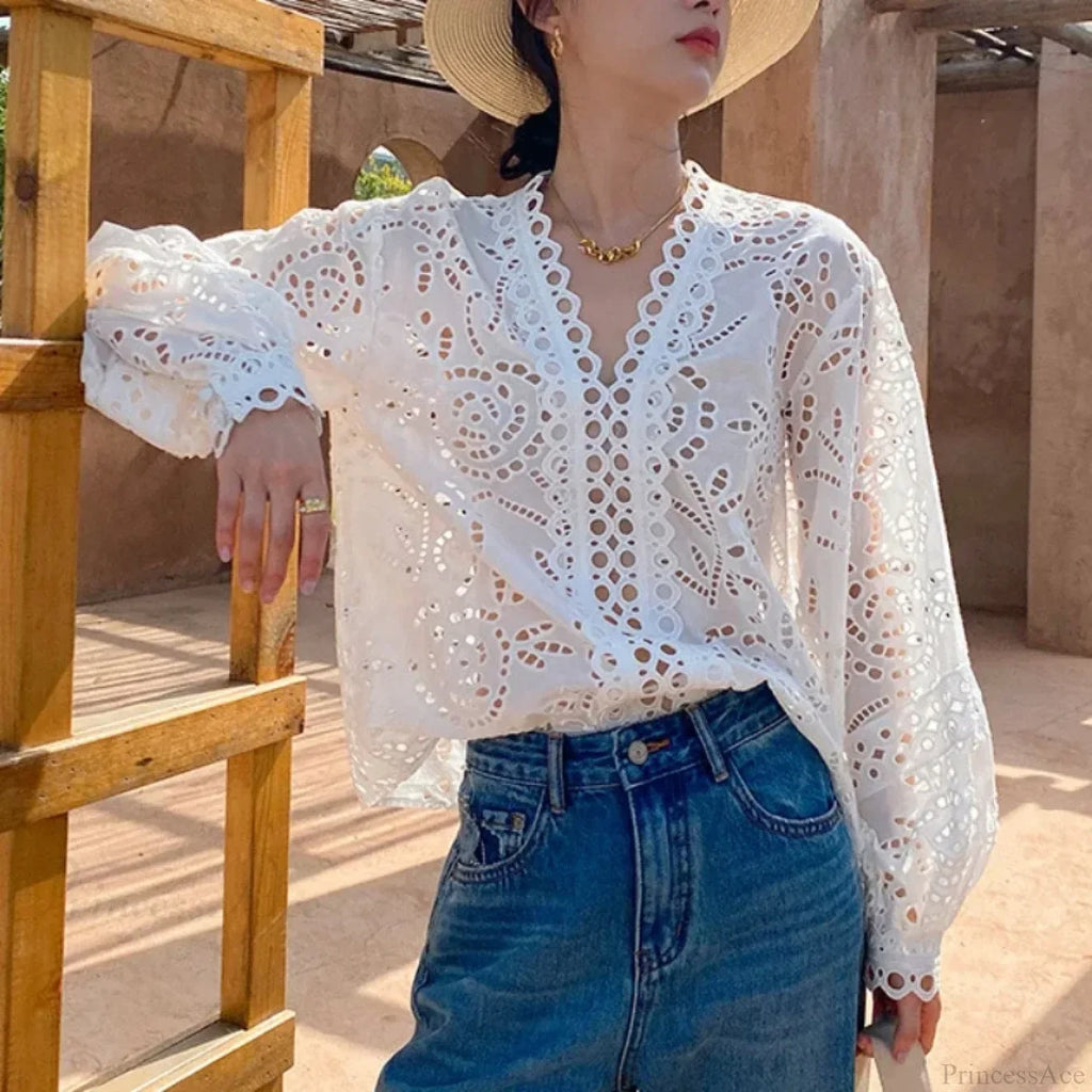 Long Sleeve V-Neck Hollow Out Floral Lace Boho Blouse image 2