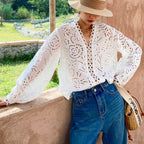 Long Sleeve V-Neck Hollow Out Floral Lace Boho Blouse image 4