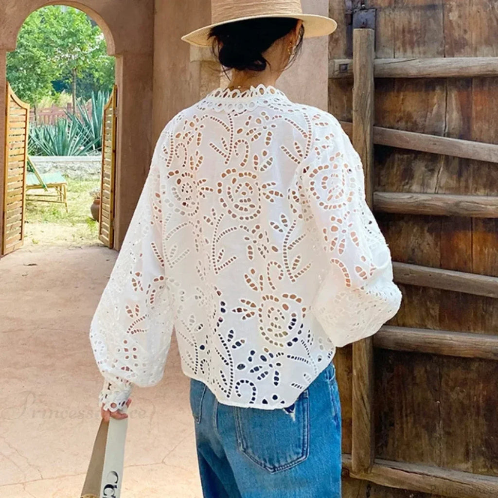 Long Sleeve V-Neck Hollow Out Floral Lace Boho Blouse image 5