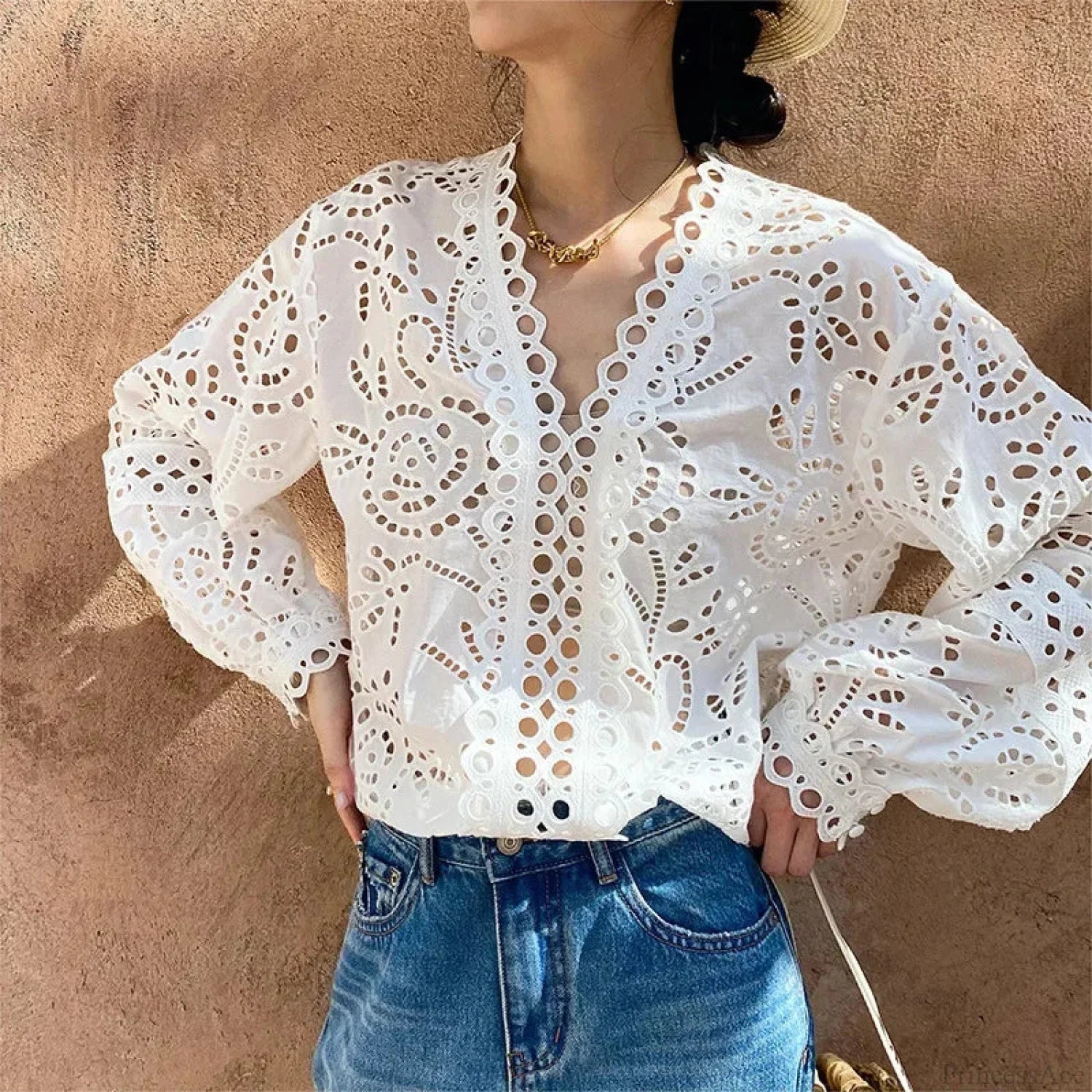 Long Sleeve V-Neck Hollow Out Floral Lace Boho Blouse image 3