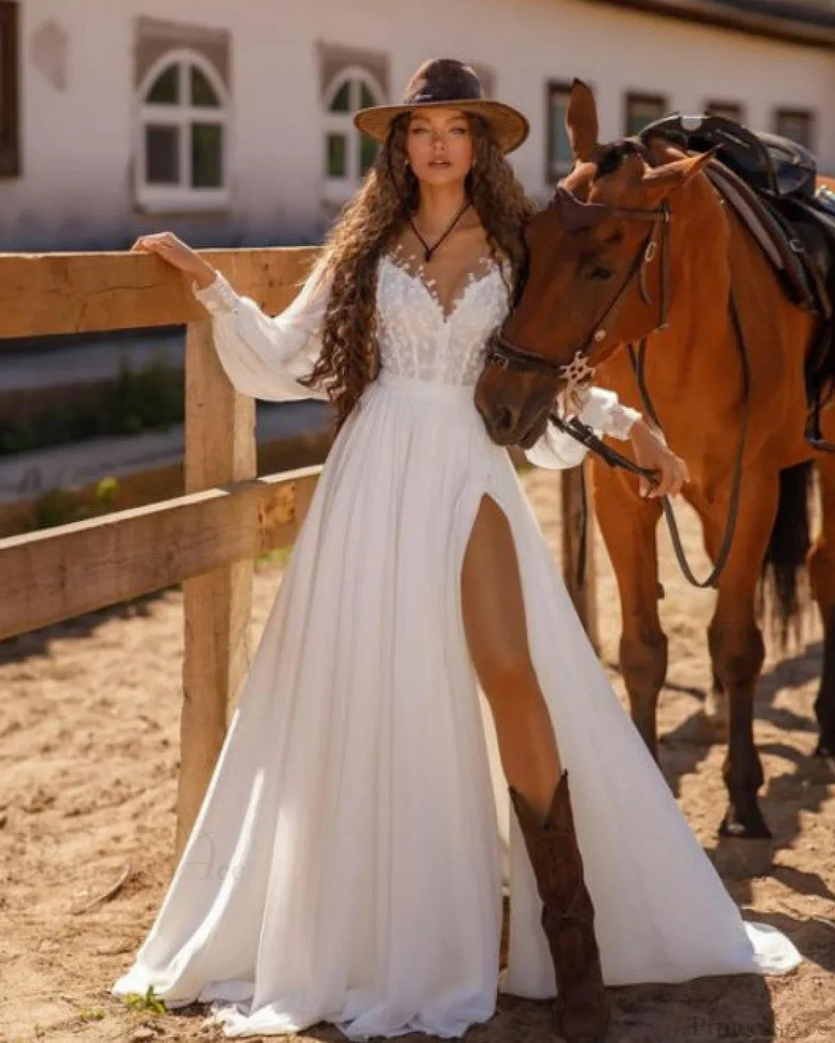 Long Sleeve V-Neck Lace Wedding Dress image 4