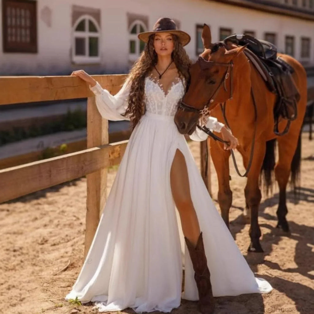 Long Sleeve V-Neck Lace Wedding Dress image 1