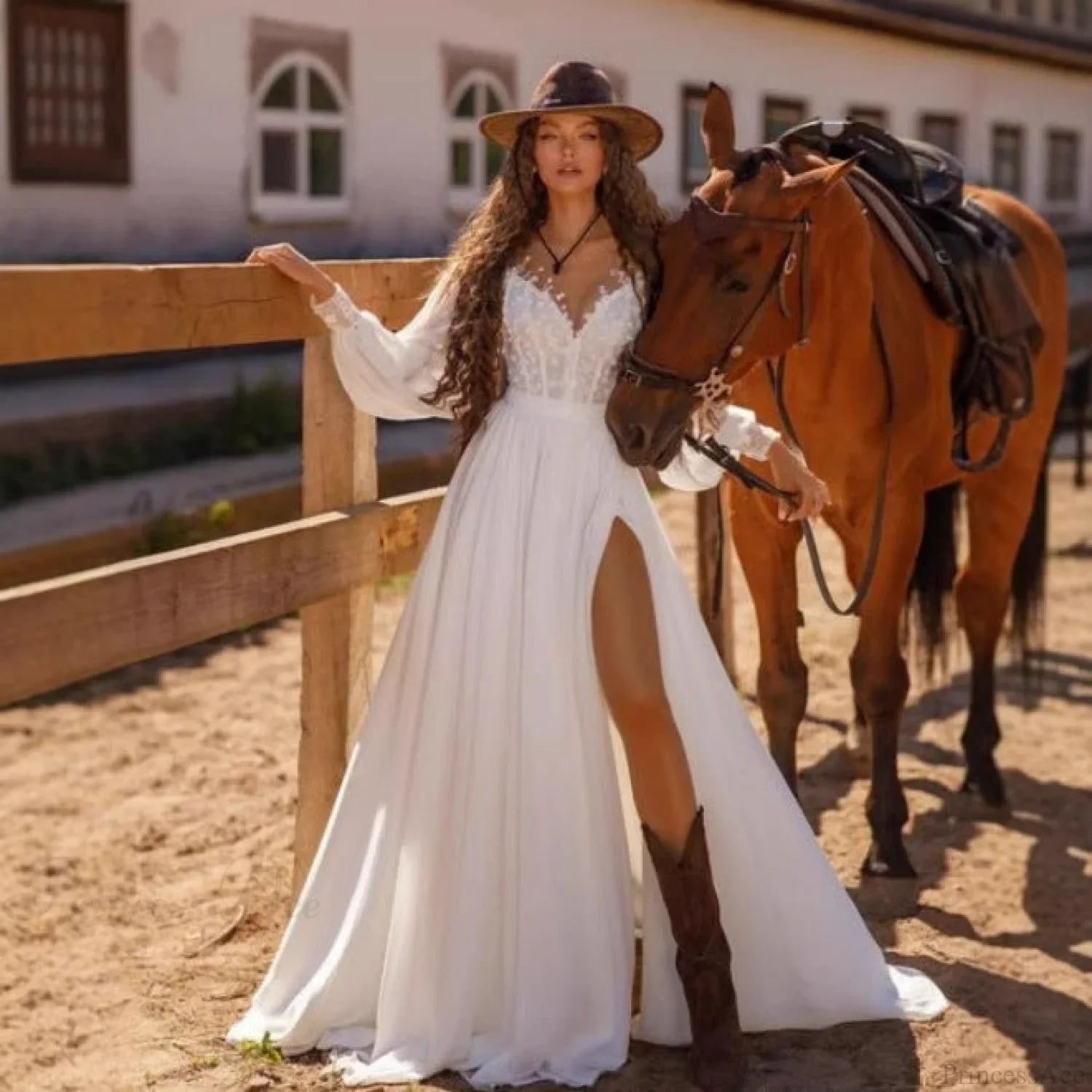 Long Sleeve V-Neck Lace Wedding Dress image 1