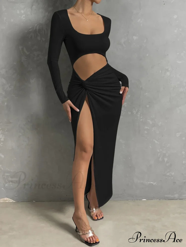 Long-sleeved Square Neck Long High Split Nightclub Wear Hollow Out Cut Out Dress image 5
