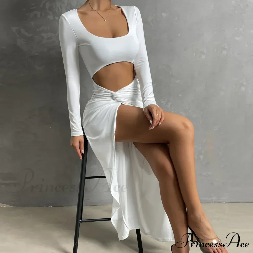Long-sleeved Square Neck Long High Split Nightclub Wear Hollow Out Cut Out Dress image 1