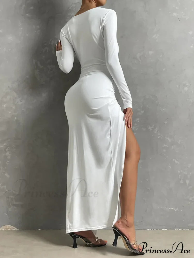 Long-sleeved Square Neck Long High Split Nightclub Wear Hollow Out Cut Out Dress image 2