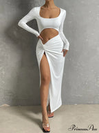 Long-sleeved Square Neck Long High Split Nightclub Wear Hollow Out Cut Out Dress image 3